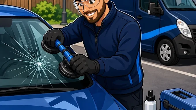 Illustration of a windscreen technician using a resin injector to repair a stone chip on a car windscreen